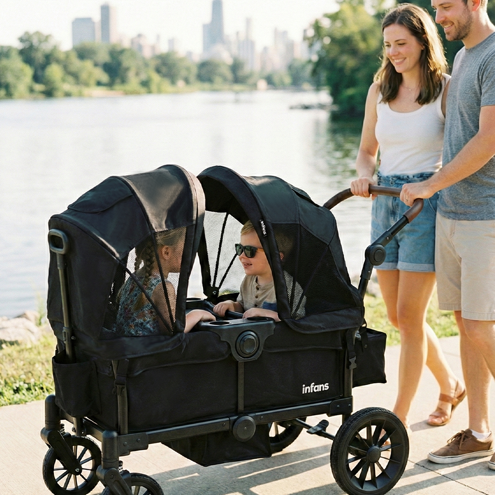 INFANS Wagon Stroller for 2 Kids, Collapsible Adjustable Push Pull Han