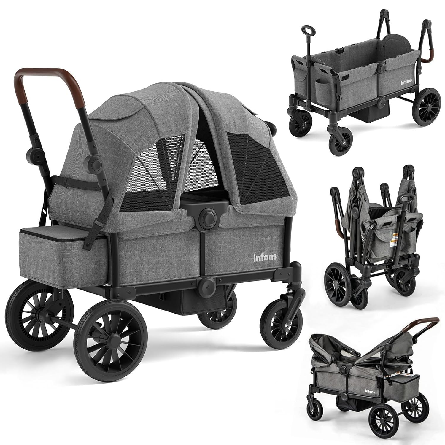 INFANS Wagon Stroller for 2 Kids, Collapsible Adjustable Push Pull Handle Bar, 2 Seater Stroller Wagon, Gray