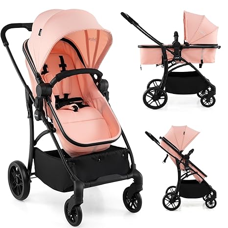 INFANS 2 in 1 Convertible Baby Stroller, Reversible Seat One Hand Fold Adjustable Canopy, Pink