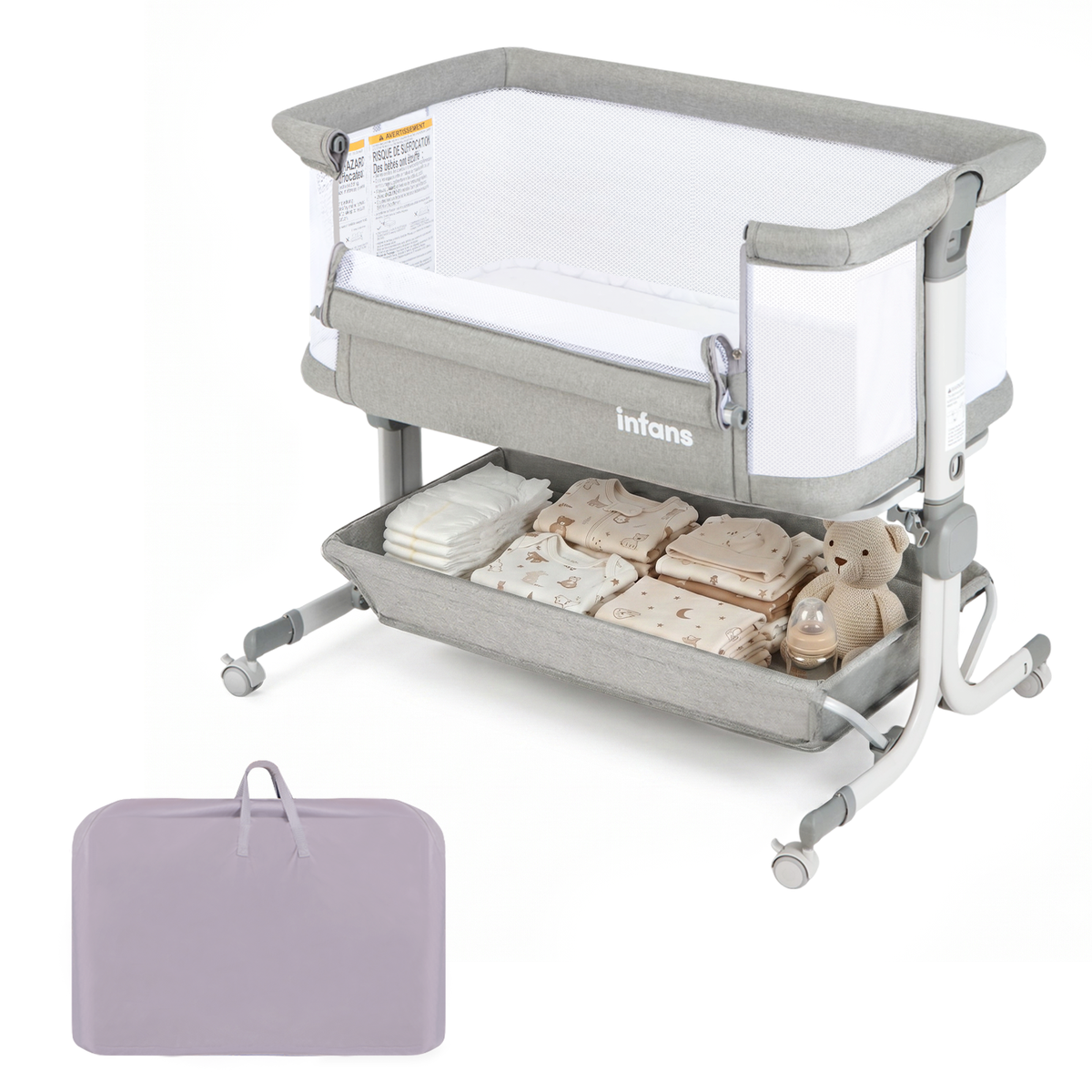 INFANS 3-in-1 Baby Bassinet, Bedside Sleeper with Comfy Mattress, Whee ...