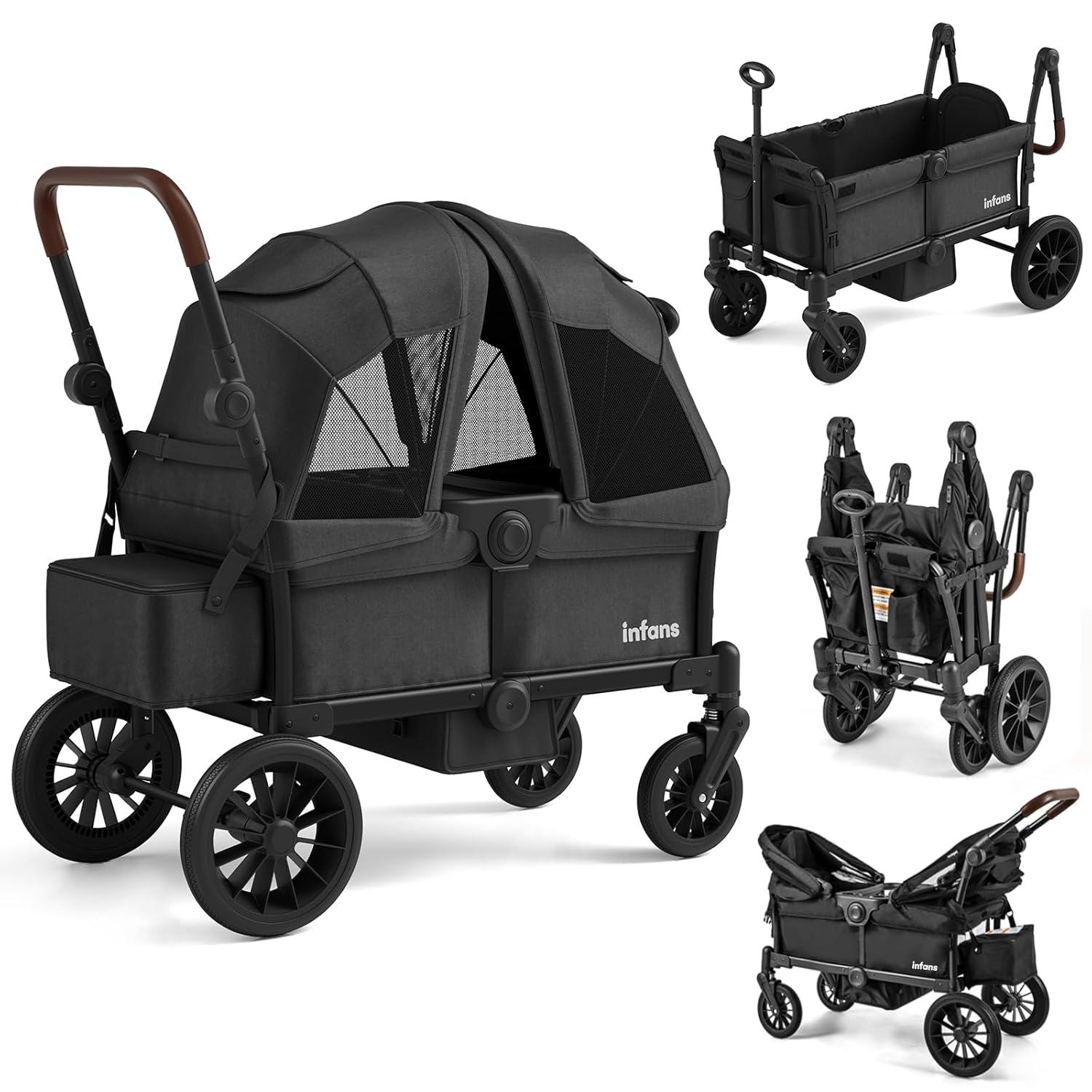 INFANS Wagon Stroller for 2 Kids, Collapsible Adjustable Push Pull Handle Bar, 2 Seater Stroller Wagon, Black