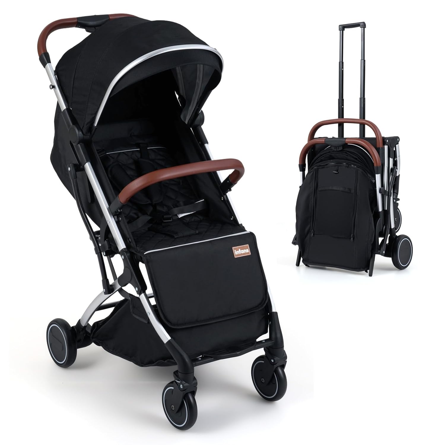 INFANS Lightweight Travel Stroller, Compact Airplane Baby Stroller with One-Hand Fold, Recline, Canopy, Suspension & Storage, Black+Sliver