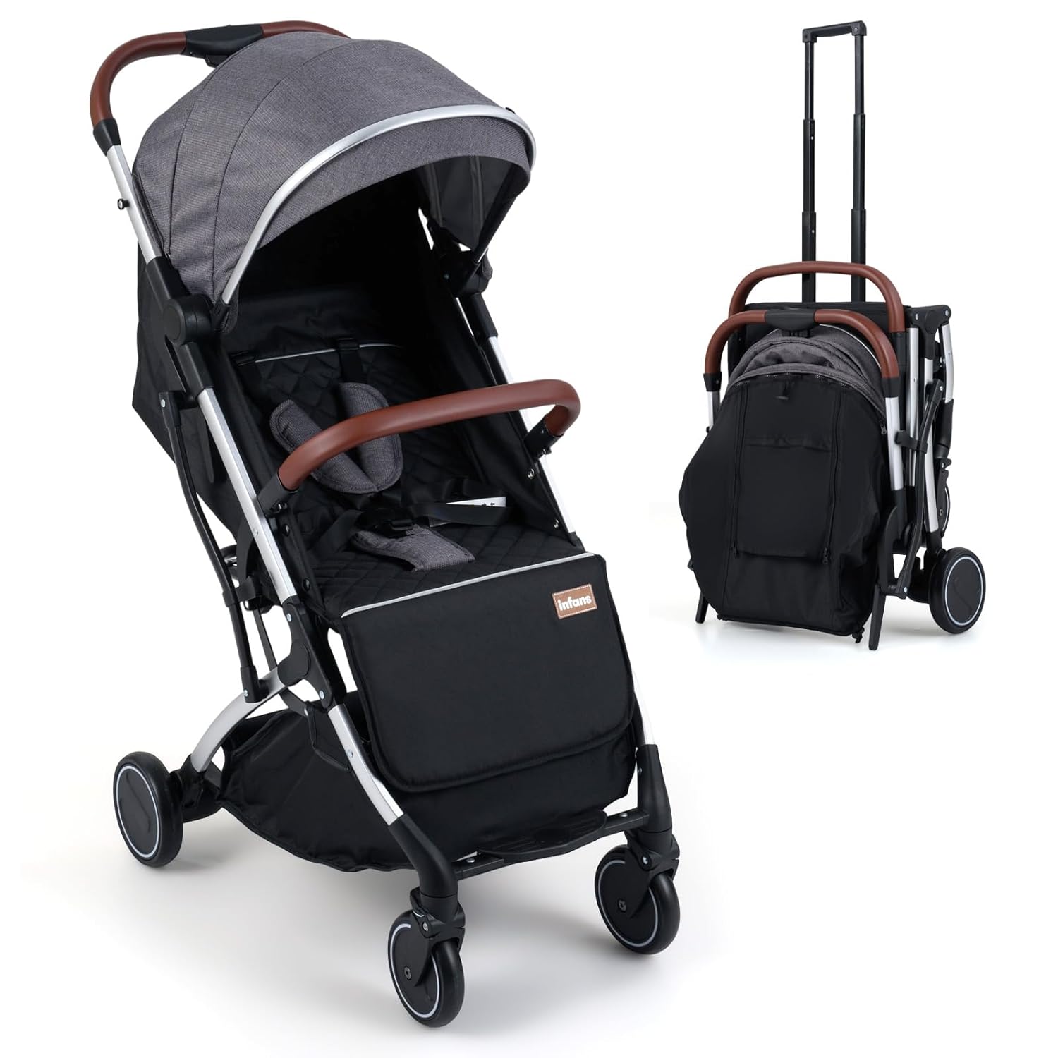 INFANS Lightweight Travel Stroller, Compact Airplane Baby Stroller with One-Hand Fold, Recline, Canopy, Suspension & Storage, Gray+Sliver