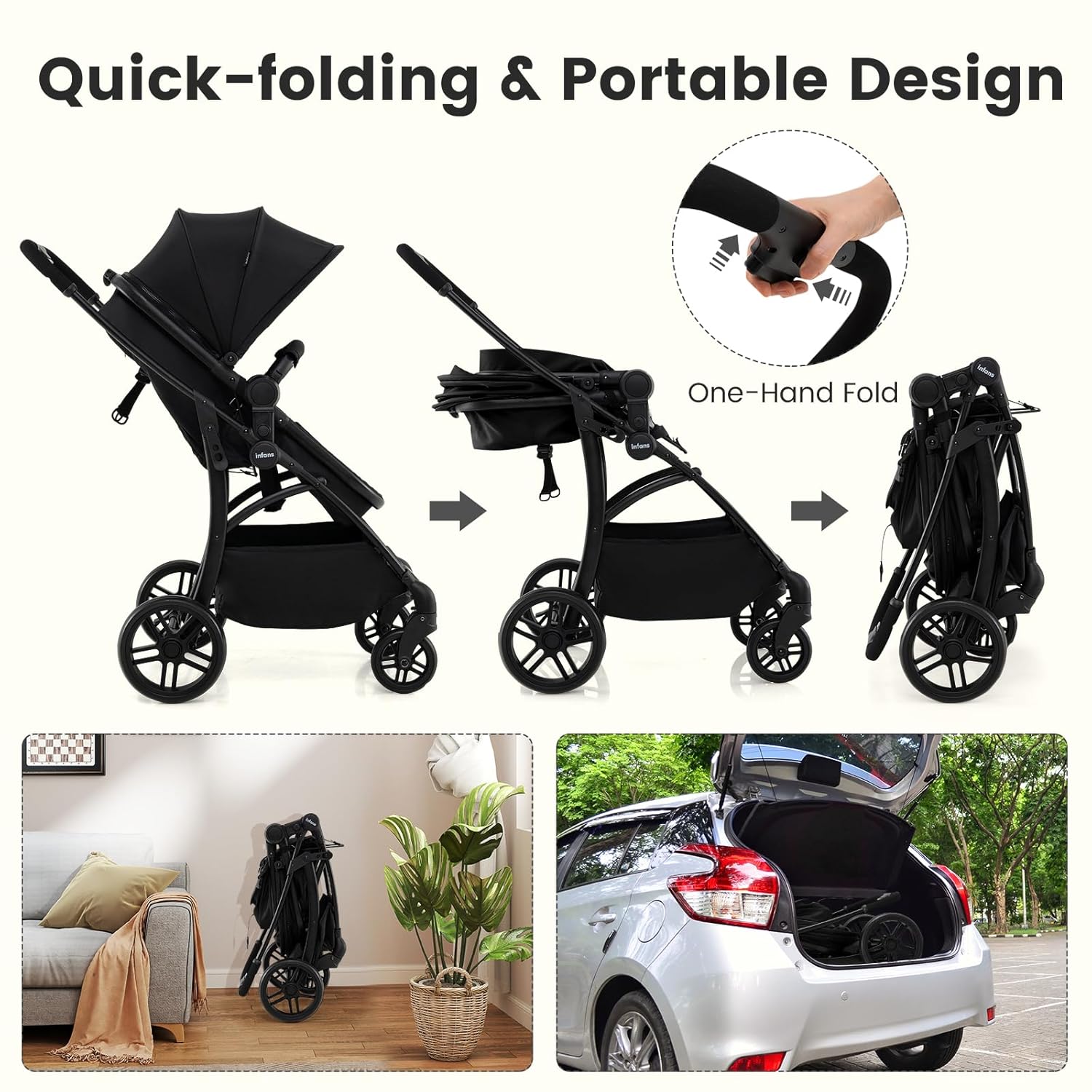 one hand fold stroller travel system INFANS 2 in 1 Baby Stroller, Convertible Stroller with Reversible Seat – Infansbaby