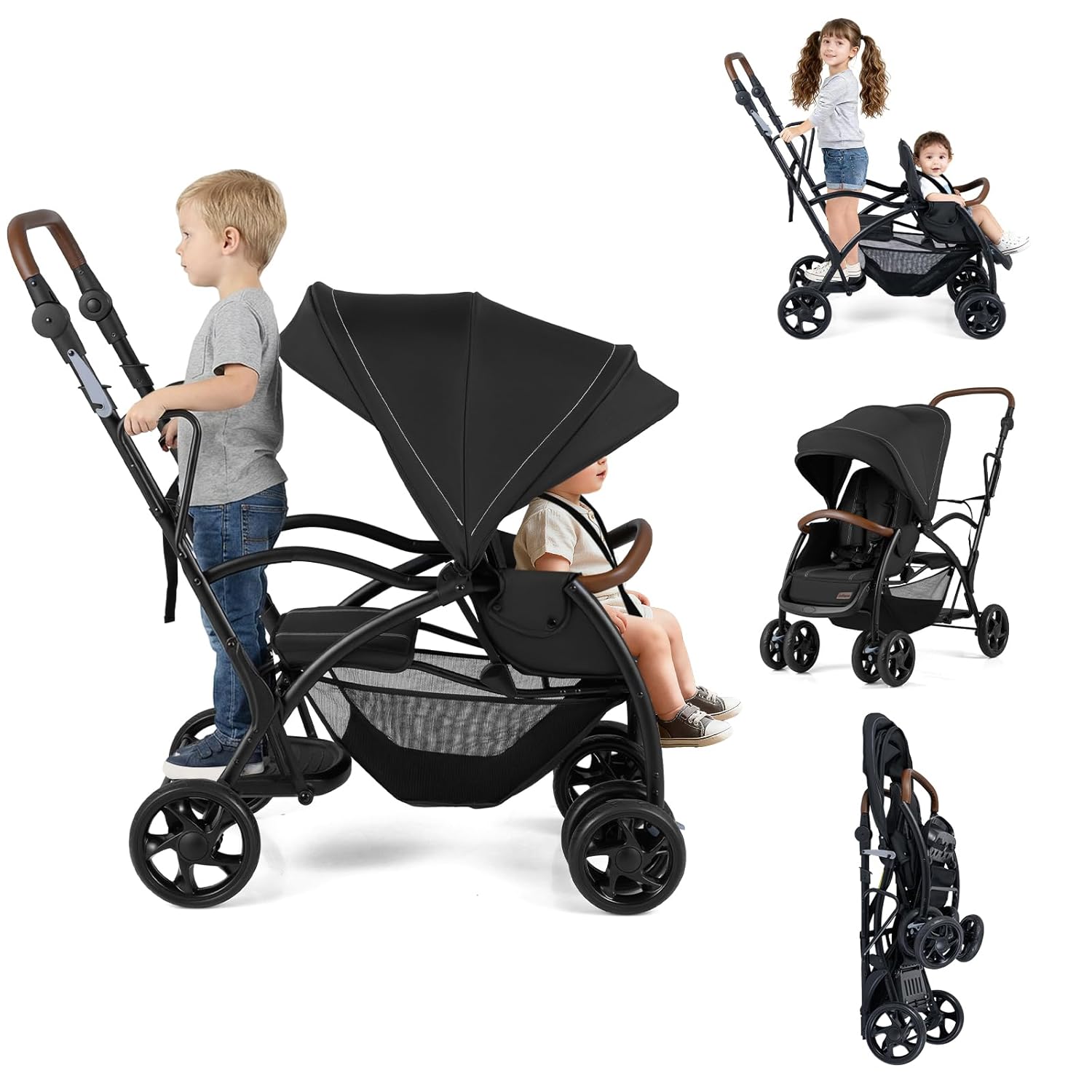 INFANS Double Stroller, Leather Handle, Recline Seat, Rear Board, 5-Point Harness, Dual Brakes, Lockable Wheels, Black