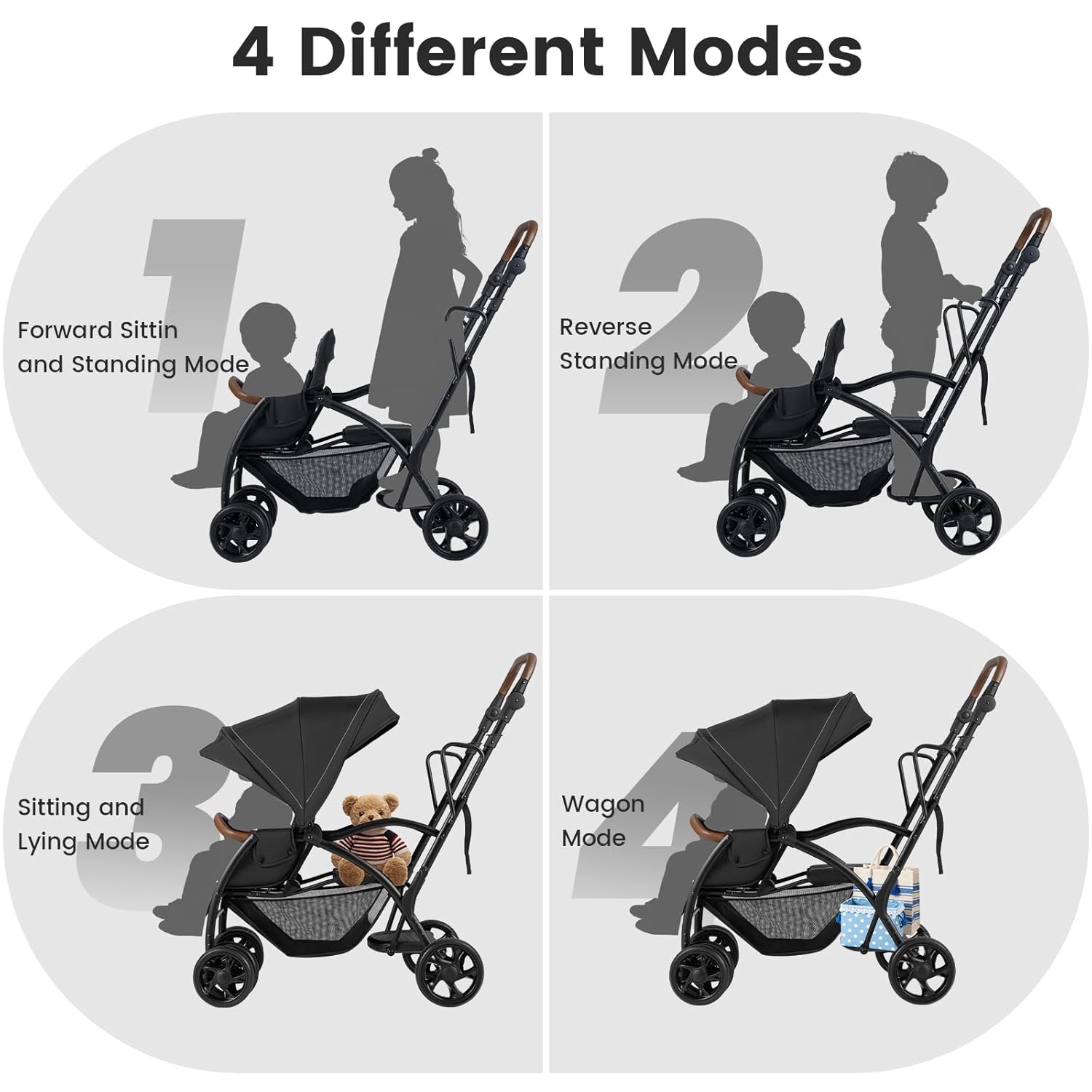 sit and stand vs double stroller INFANS Double Stroller, Leather Handle, Recline Seat, Rear Board, 5-Point Harness, Dual Brakes, Lockable Wheels, Grey