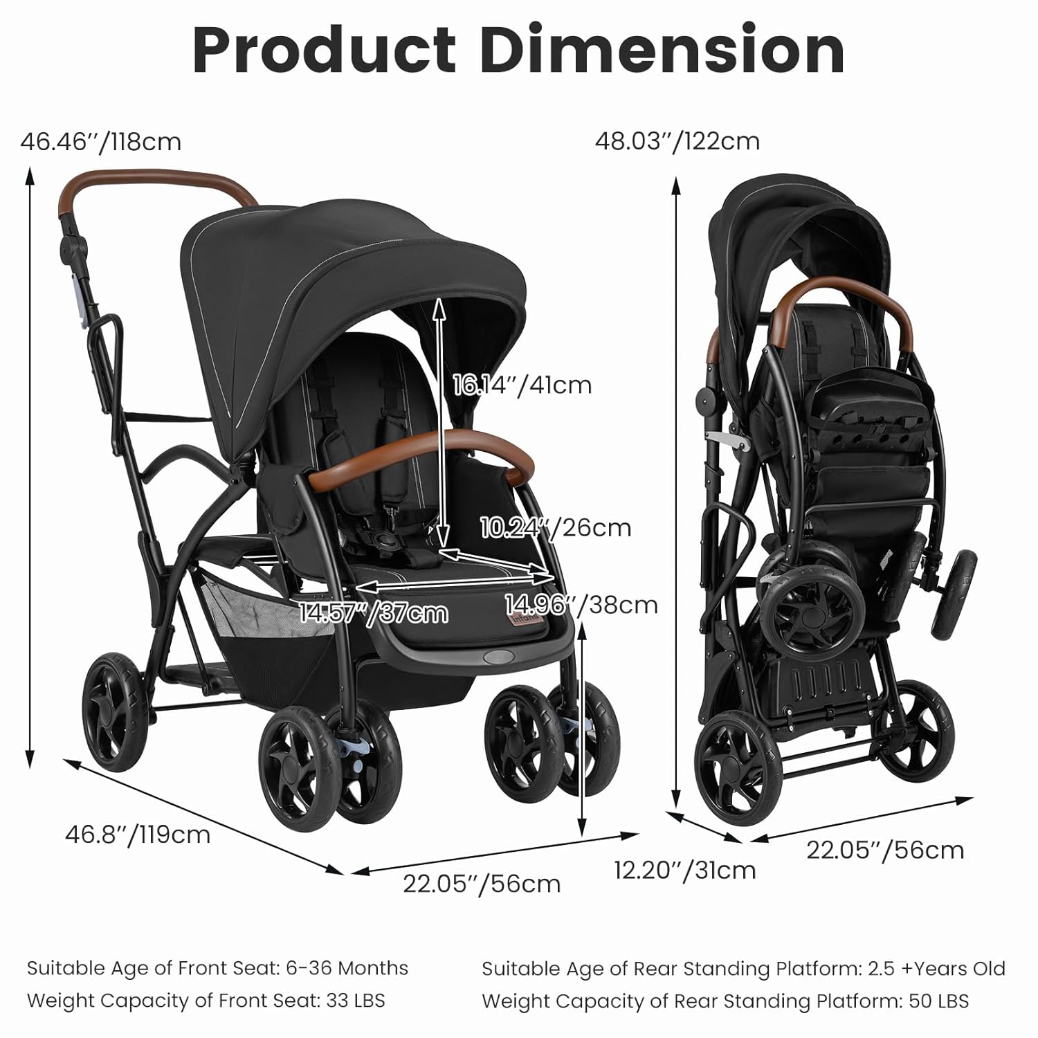 double standing stroller INFANS Double Stroller, Leather Handle, Recline Seat, Rear Board, 5-Point Harness, Dual Brakes, Lockable Wheels, Grey
