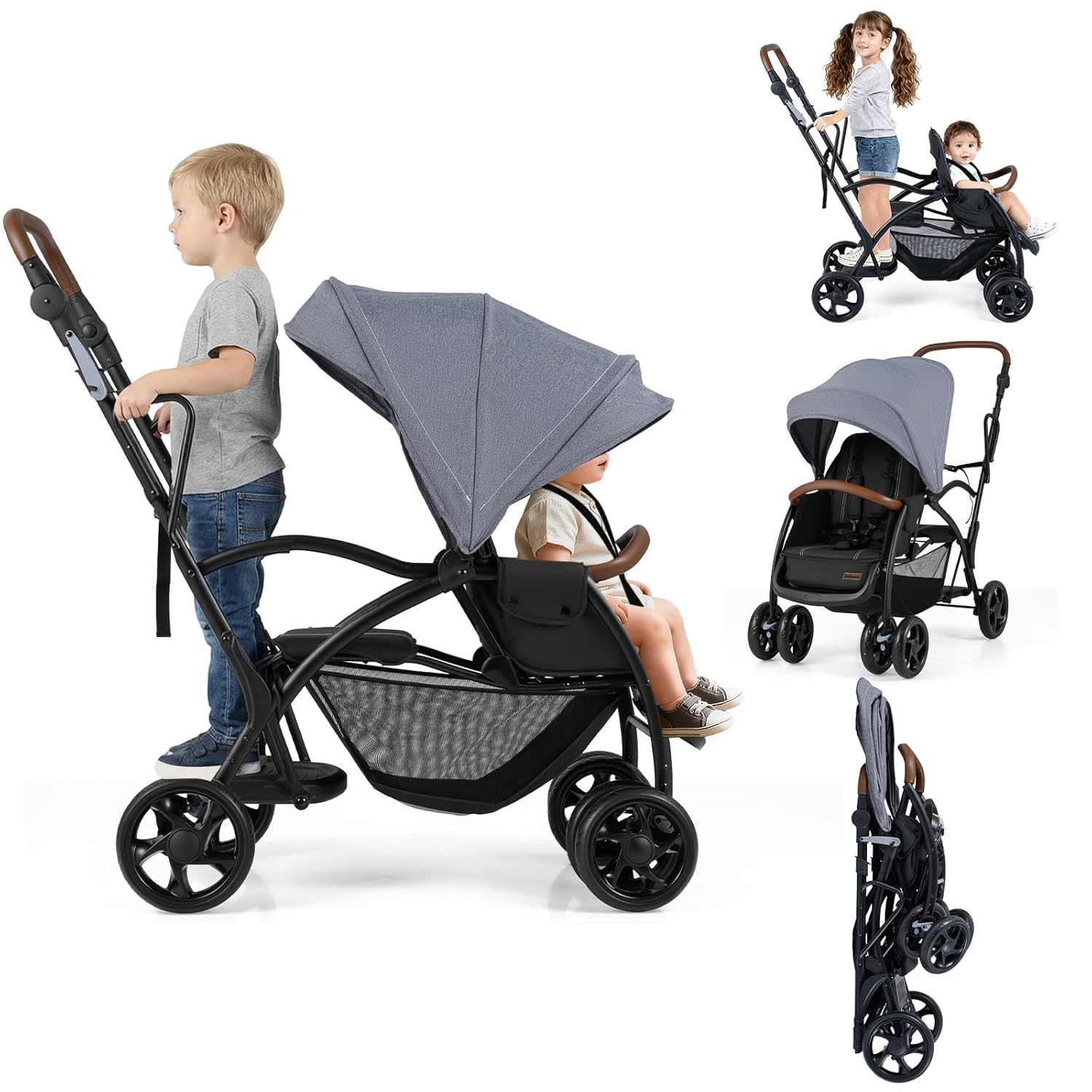 INFANS Double Stroller, Leather Handle, Recline Seat, Rear Board, 5-Point Harness, Dual Brakes, Lockable Wheels, Grey