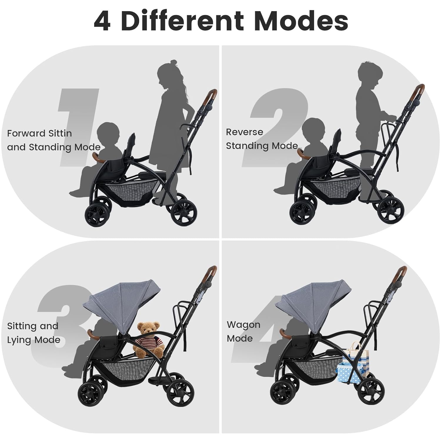 infant double stroller with car seat INFANS Double Stroller, Leather Handle, Recline Seat, Rear Board, 5-Point Harness, Dual Brakes, Lockable Wheels, Grey