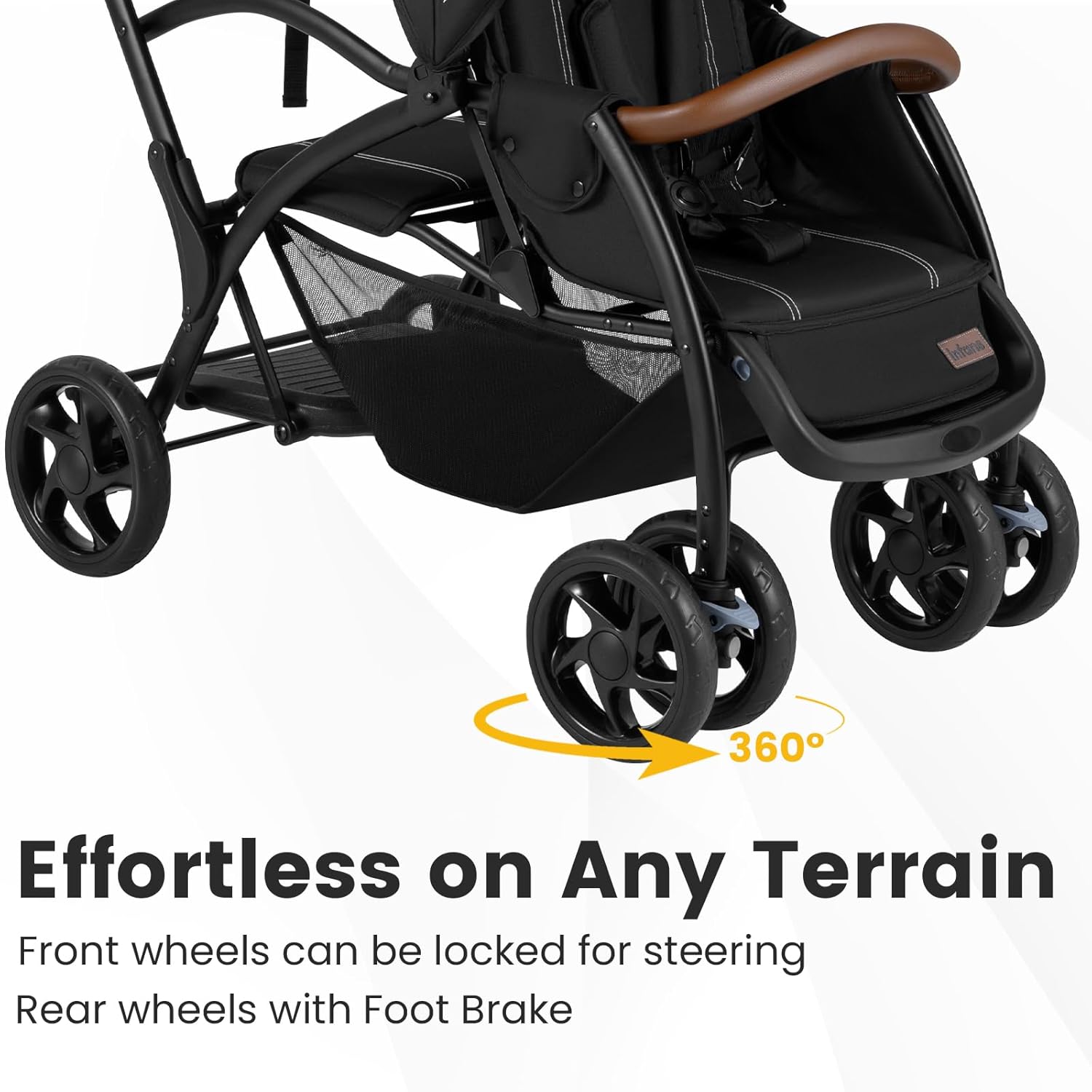 INFANS Double Stroller, Leather Handle, Recline Seat, Rear Board, 5-Point Harness, Dual Brakes, Lockable Wheels, Grey