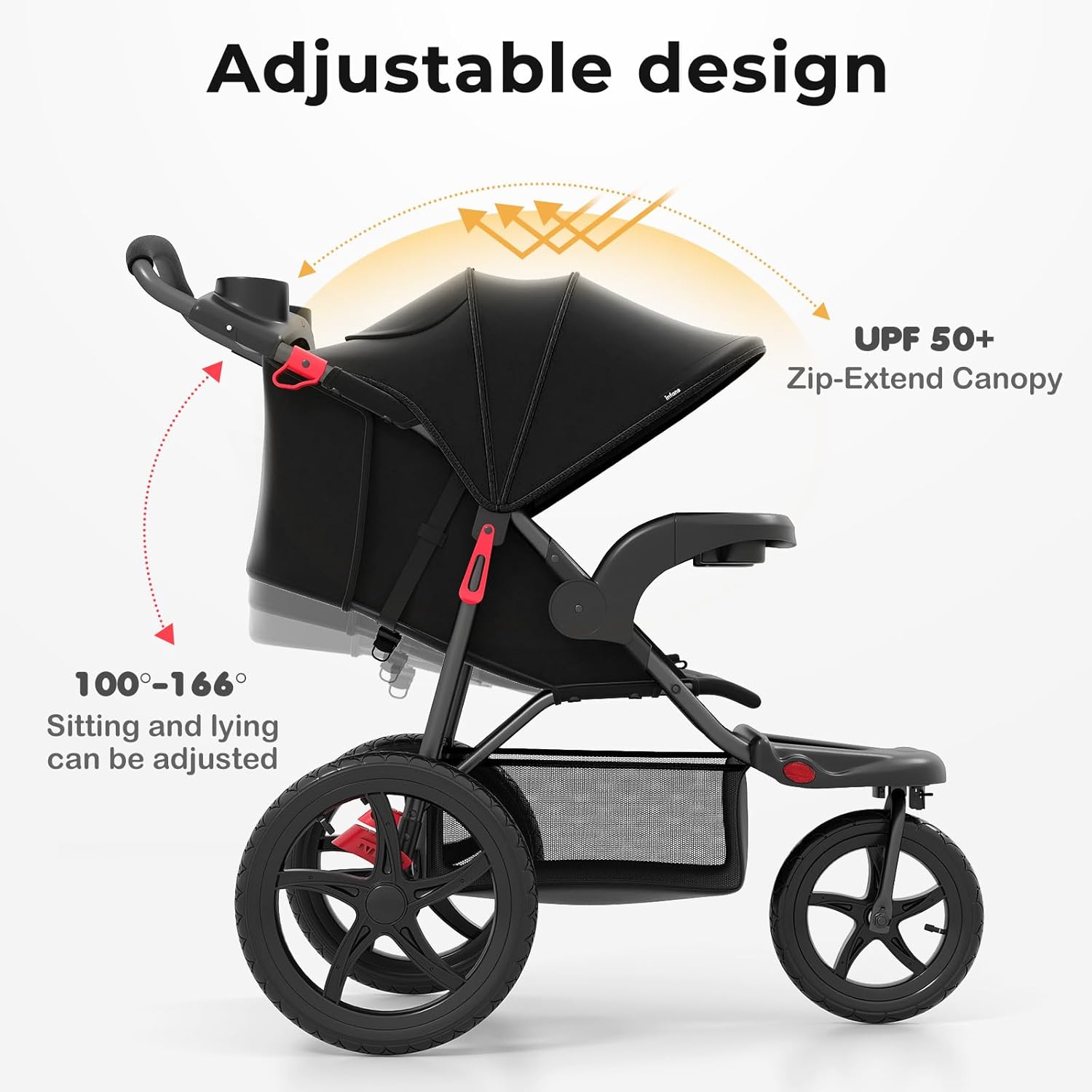iso jogging stroller INFANS Jogging Stroller, Shock Absorbing, Dining Plate, Cup Holder, Adjustable Backrest, Lightweight, Black