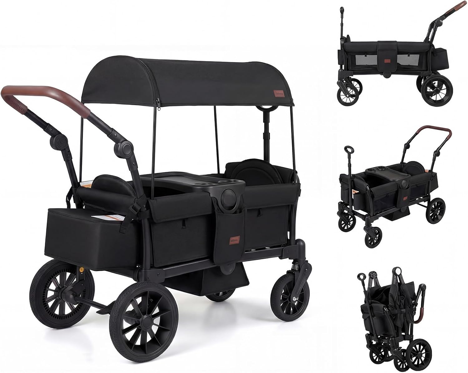 wagon push stroller INFANS Wagon Stroller for 2 Kids Foldable Wagon Cart with Adjustable Handle Pull Bar for Infants Toddlers 6-36 Months, Black