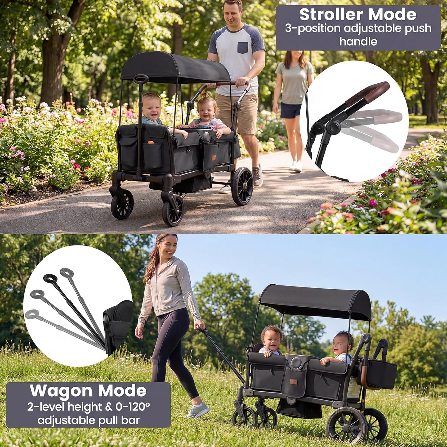 wagon stroller for 3 INFANS Wagon Stroller for 2 Kids Foldable Wagon Cart with Adjustable Handle Pull Bar for Infants Toddlers 6-36 Months, Black