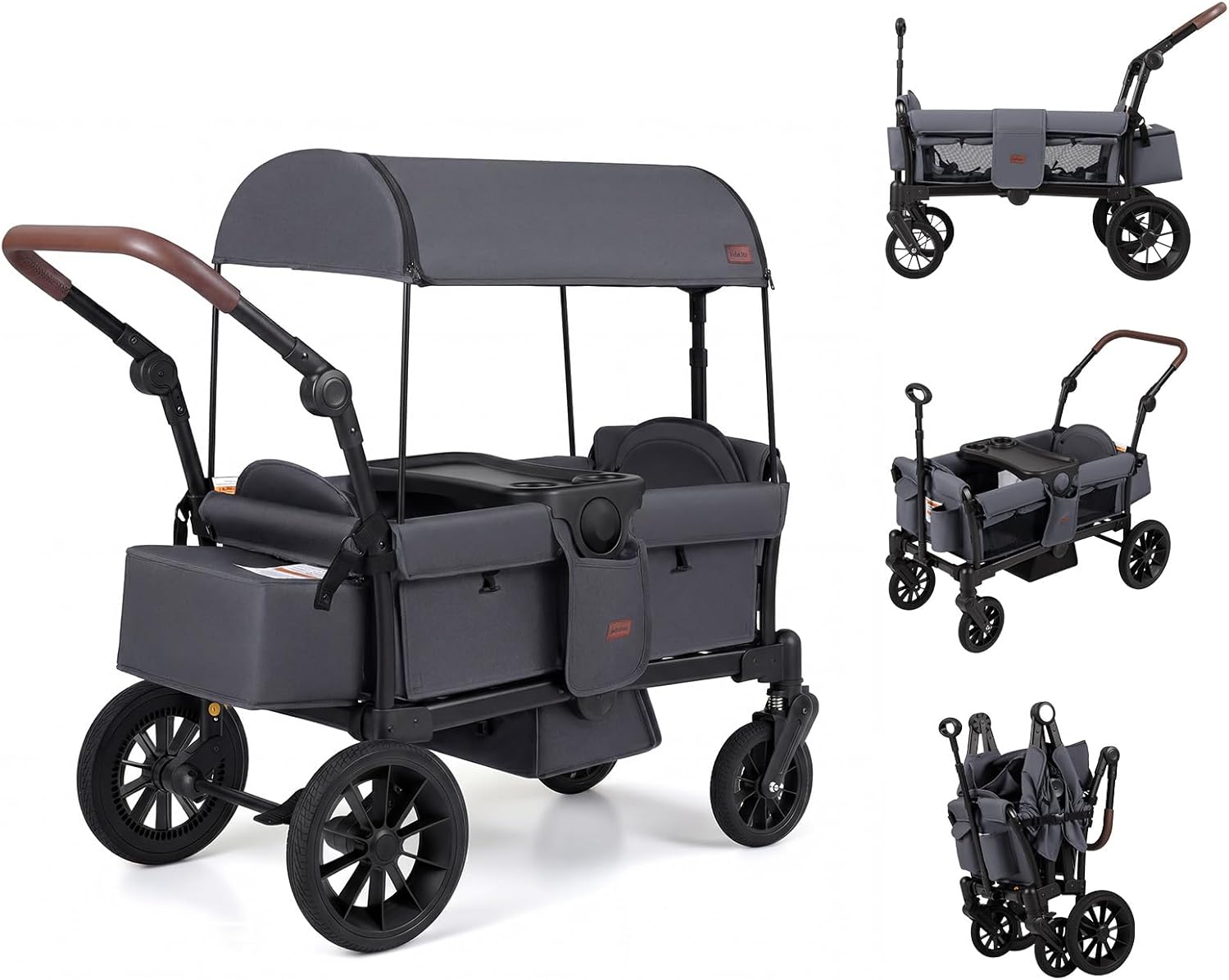 stroller wagon with seats INFANS Wagon Stroller for 2 Kids Foldable Wagon Cart with Adjustable Handle Pull Bar for Infants Toddlers 6-36 Months, Grey