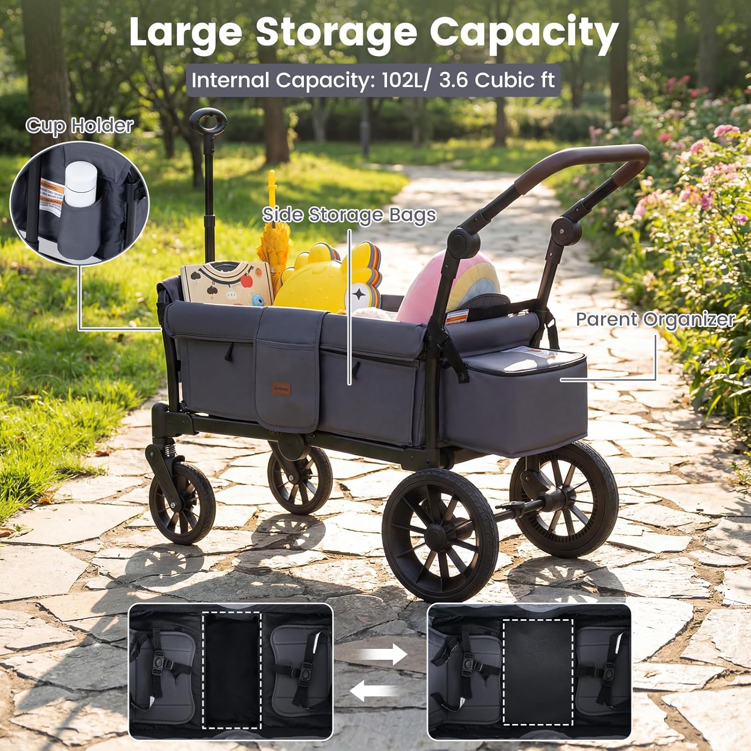 non toxic stroller wagon INFANS Wagon Stroller for 2 Kids Foldable Wagon Cart with Adjustable Handle Pull Bar for Infants Toddlers 6-36 Months, Grey