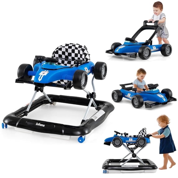 INFANS 4 in 1 Baby Walker, Foldable Toddler Activity Center with Adjustable Height, Removable Toy Tray, Push Walker, Blue