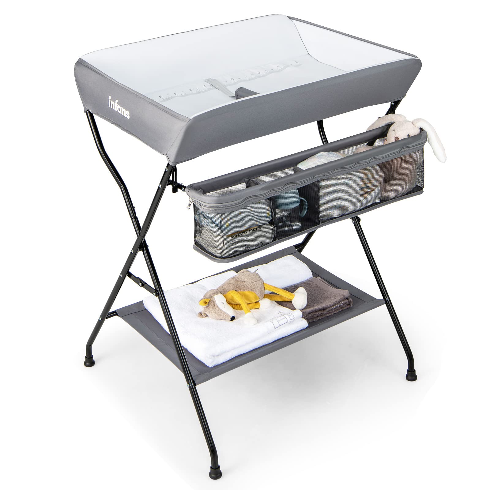 INFANS Baby Changing Table, Folding Diaper Station Portable Nursery Organizer with Safety Belt and Storage Racks, Grey