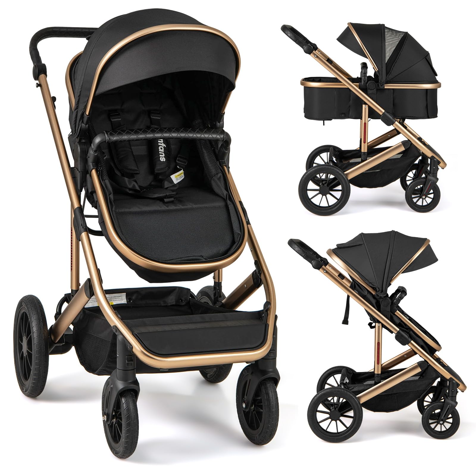 INFANS 2 in 1 Baby Stroller, Folding Newborn Pram Convertible Stroller High Landscape Shock Absorption, Black