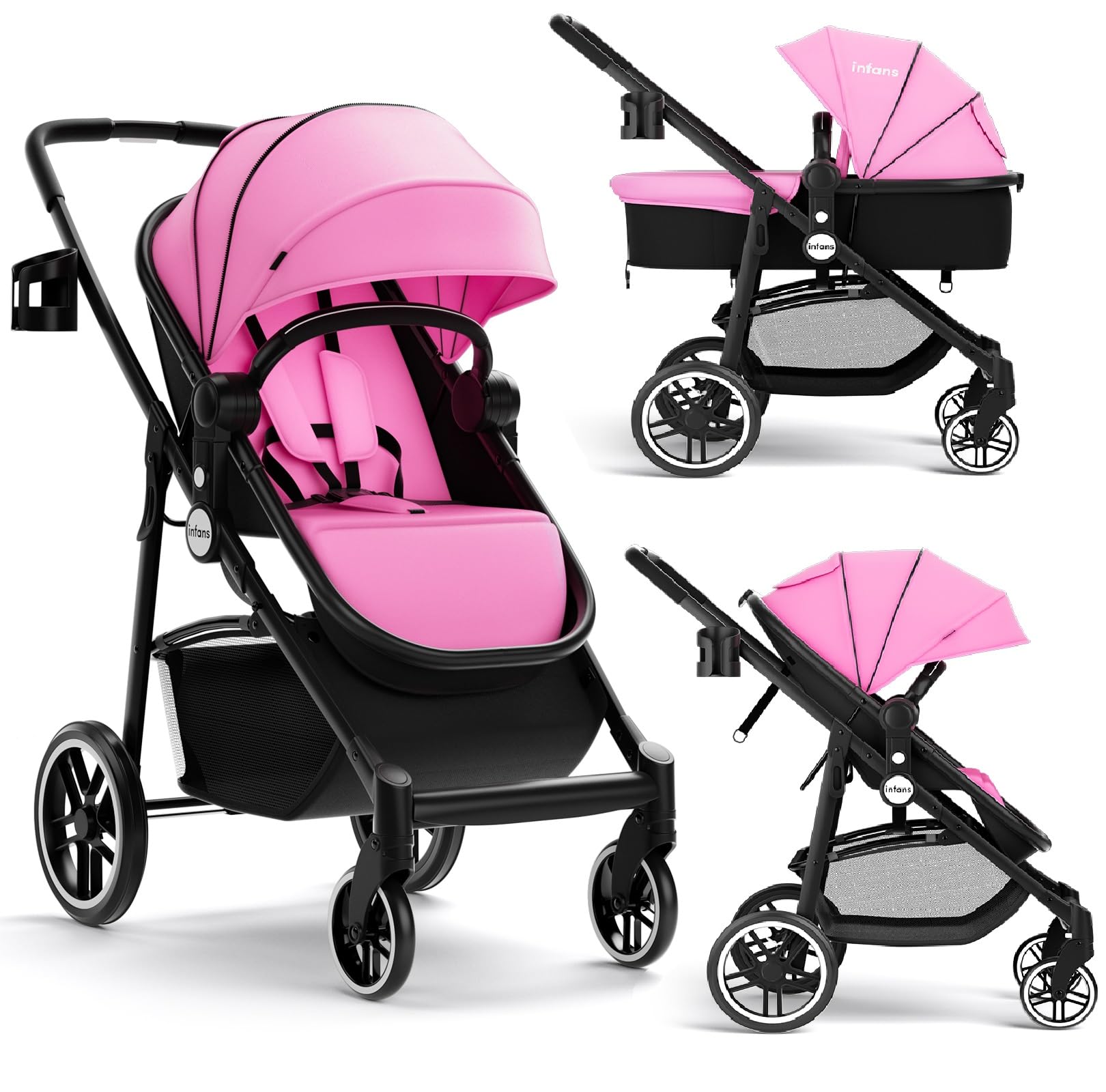 infans lightweight baby stroller aluminium frame w/ net for travel INFANS 2 in 1 Baby Stroller, High Landscape Infant Stroller & Reversible Bassinet Pram, Foldable Pushchair, Pink