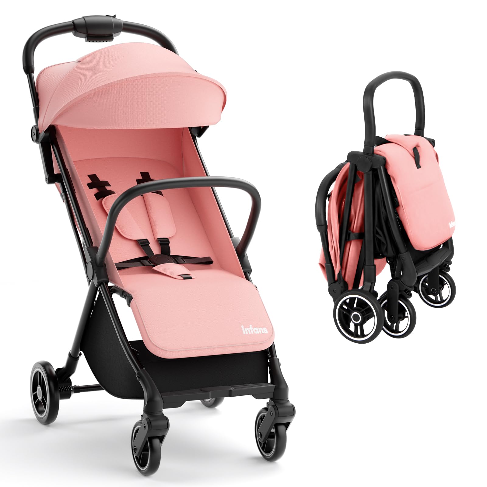 INFANS Ultra-Compact Fold Airplane Ready Travel Stroller, One-Hand Gravity Fold Near Flat Recline Seat Pink