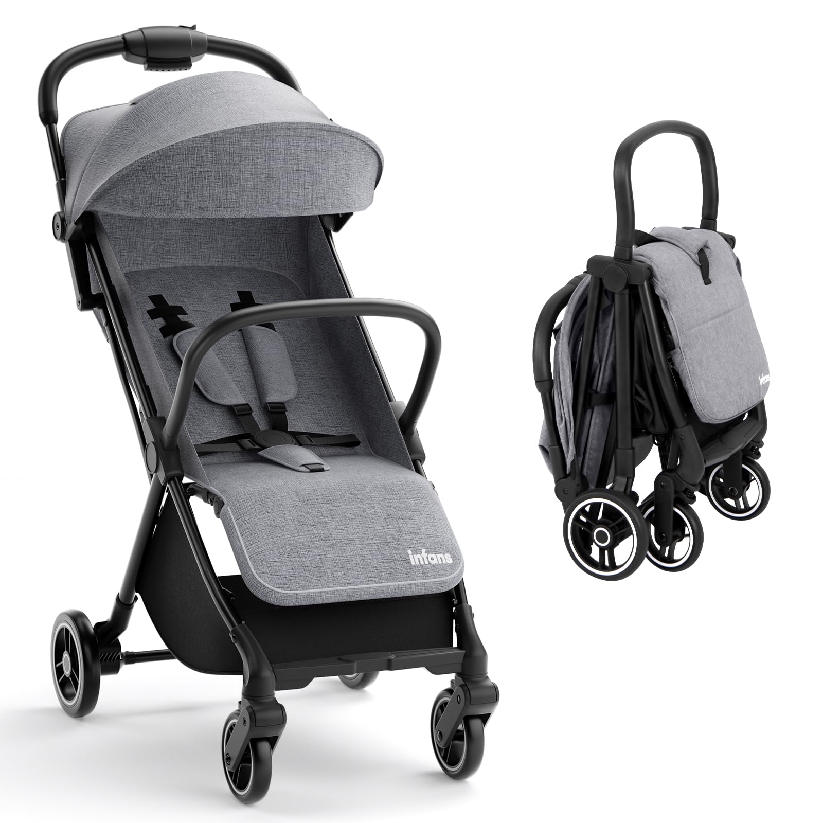 infans lightweight baby stroller aluminium frame w/ net for travel INFANS Lightweight Baby Stroller, One-Hand Gravity Fold, Compact Travel Stroller for Airplane, Dark Grey
