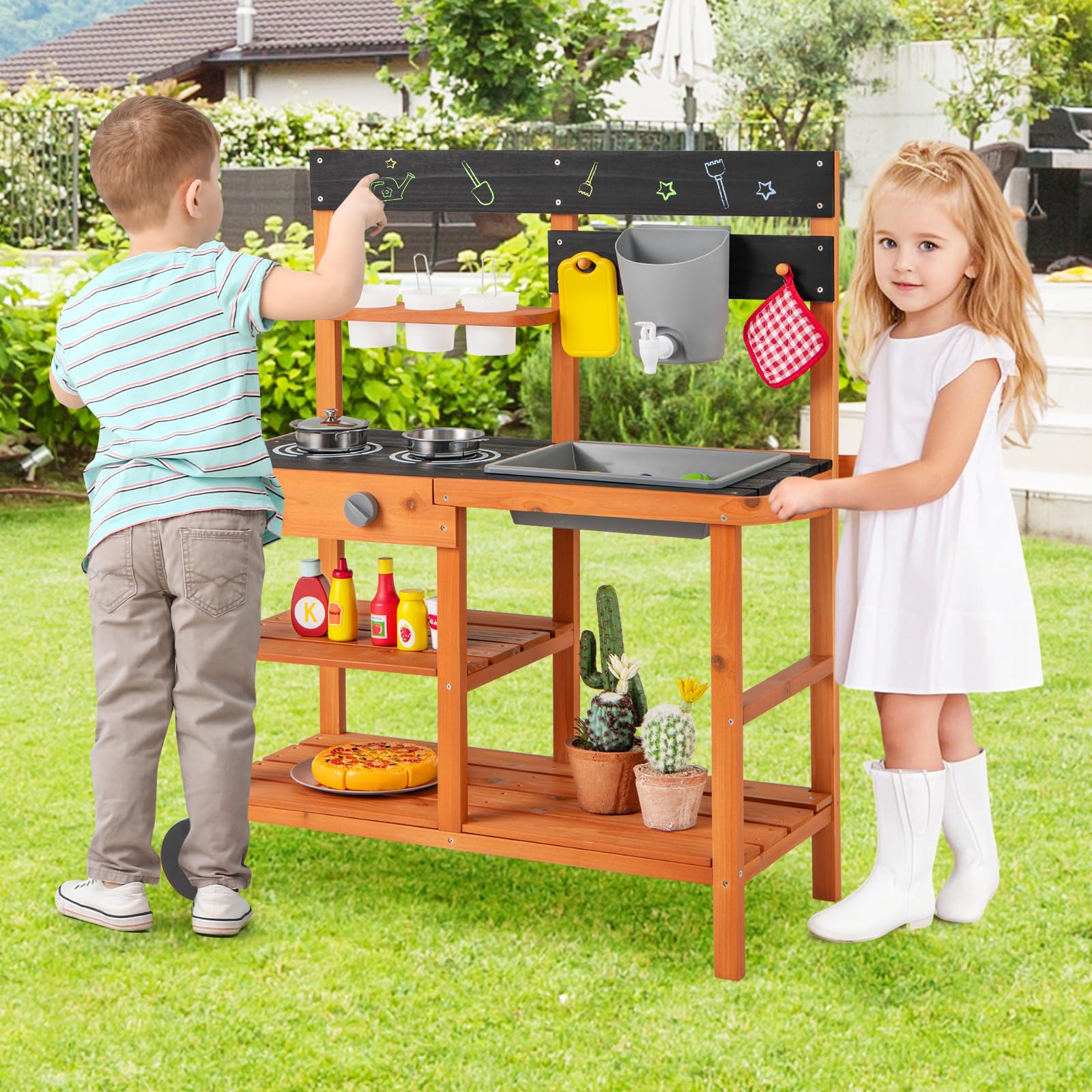 INFANS Mud Kitchen for Kids Outdoor, Wooden Toddler Play Kitchen