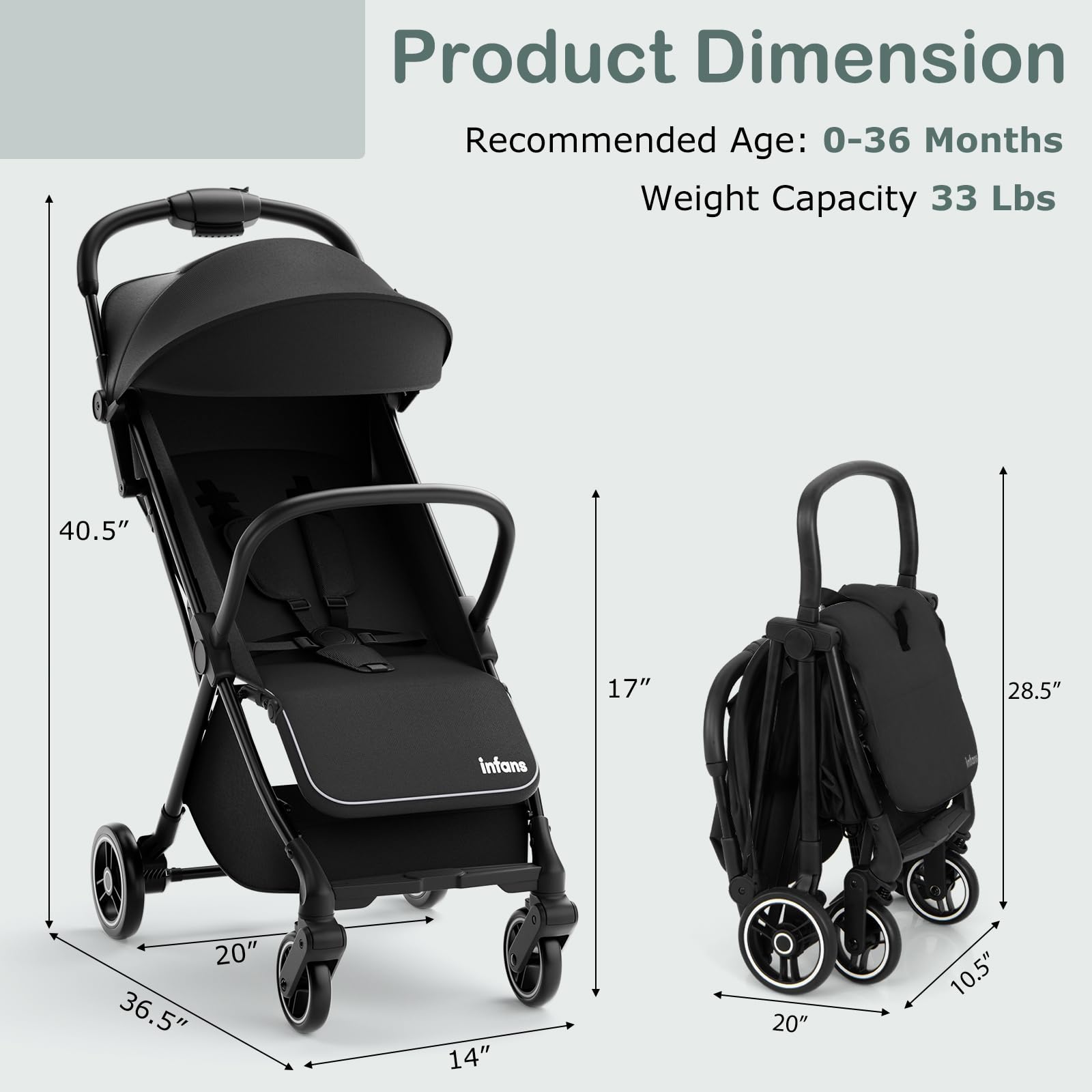 infant stroller for air travel INFANS Lightweight Baby Stroller, One-Hand Gravity Fold, Compact Travel Stroller for Airplane