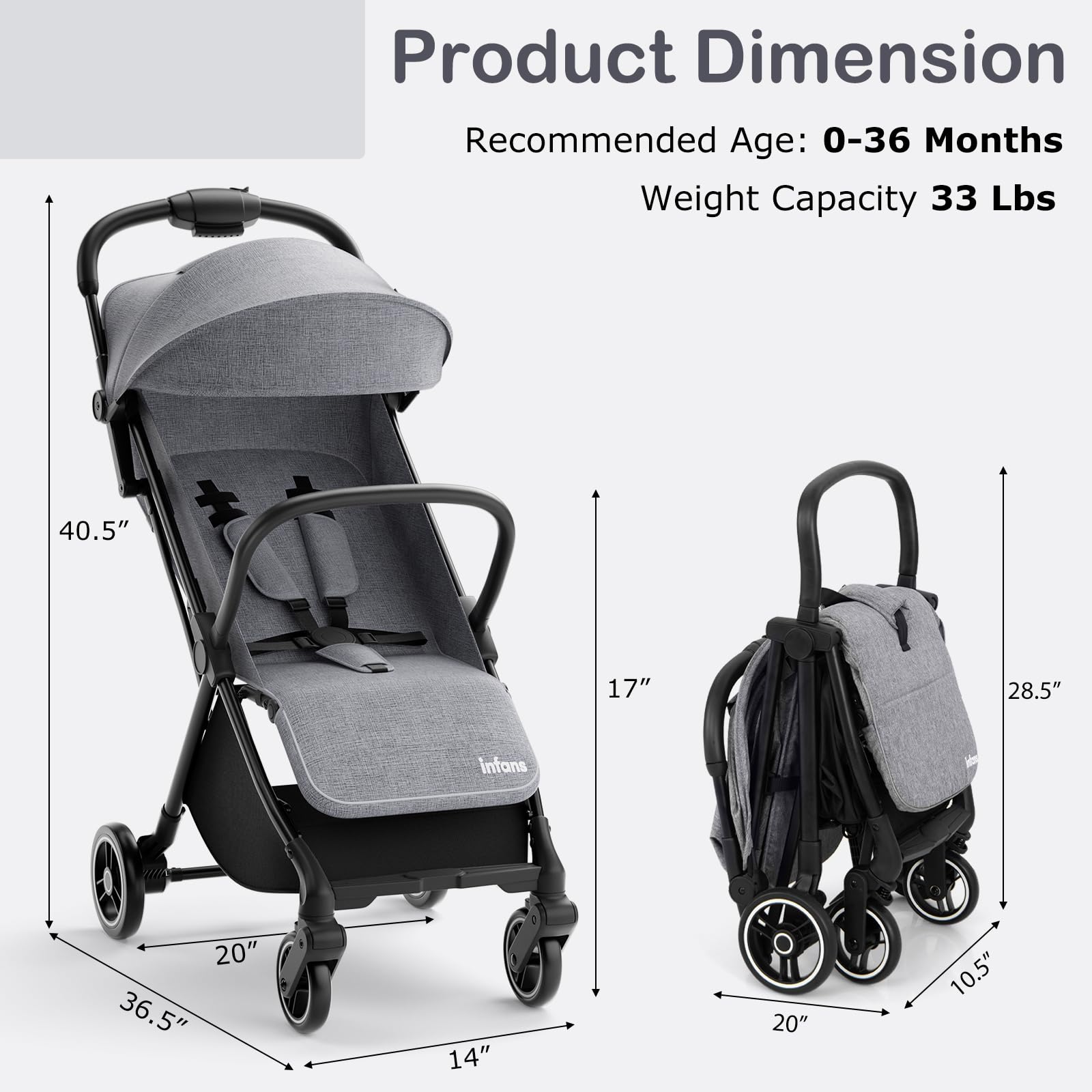 INFANS Lightweight Baby Stroller, One-Hand Gravity Fold, Compact