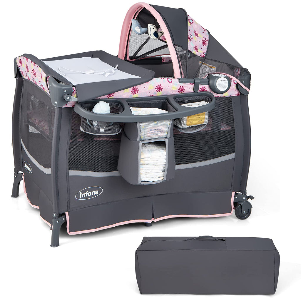 INFANS Baby Pack and Play, Portable Nursery Center with Bassinet Crib Mattress, Changing Table INFANS