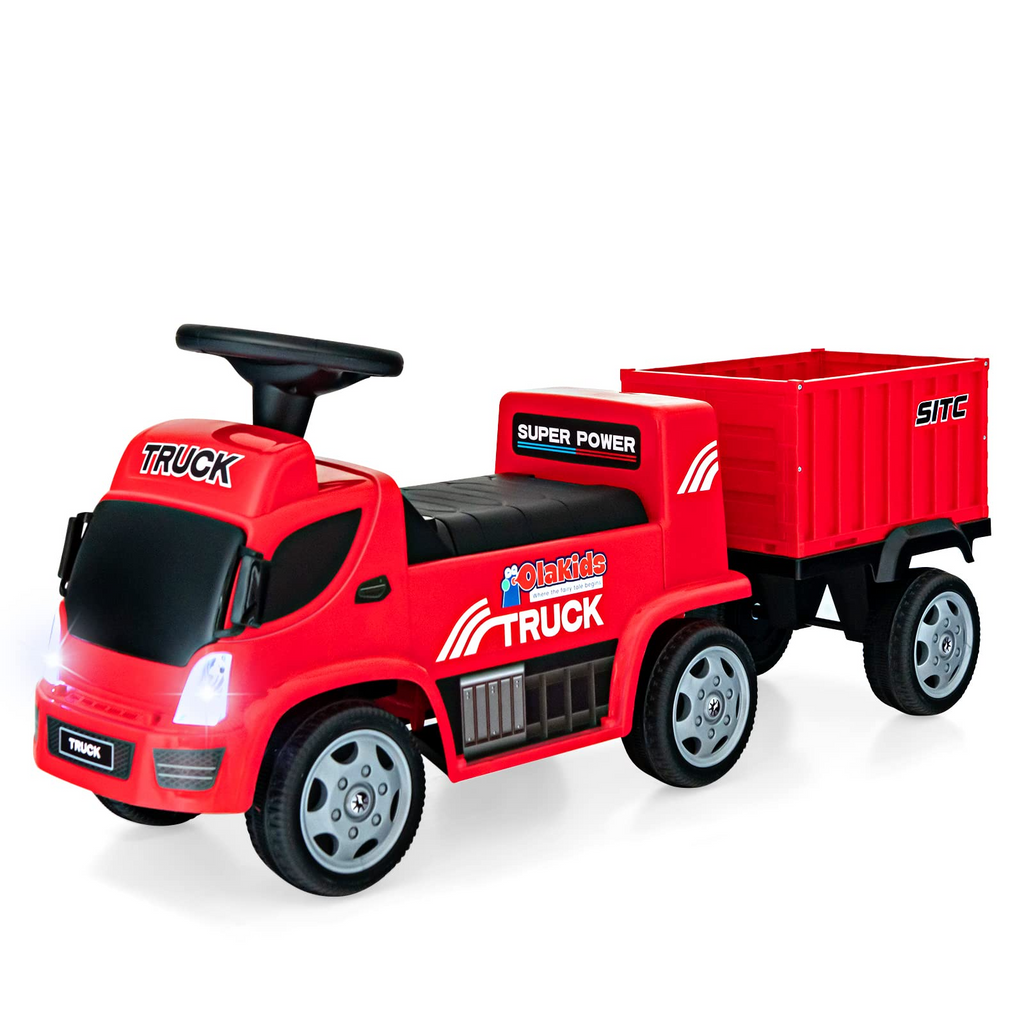 OLAKIDS Kids Ride On Push Car, 2 in 1 Foot-to-Floor Sliding Truck with Detachable Trailer, Steering Wheel, Headlights, Music, Alarm Sound, Toy Walker Gift for Toddlers Age 1.5-3 Boys Girls INFANS