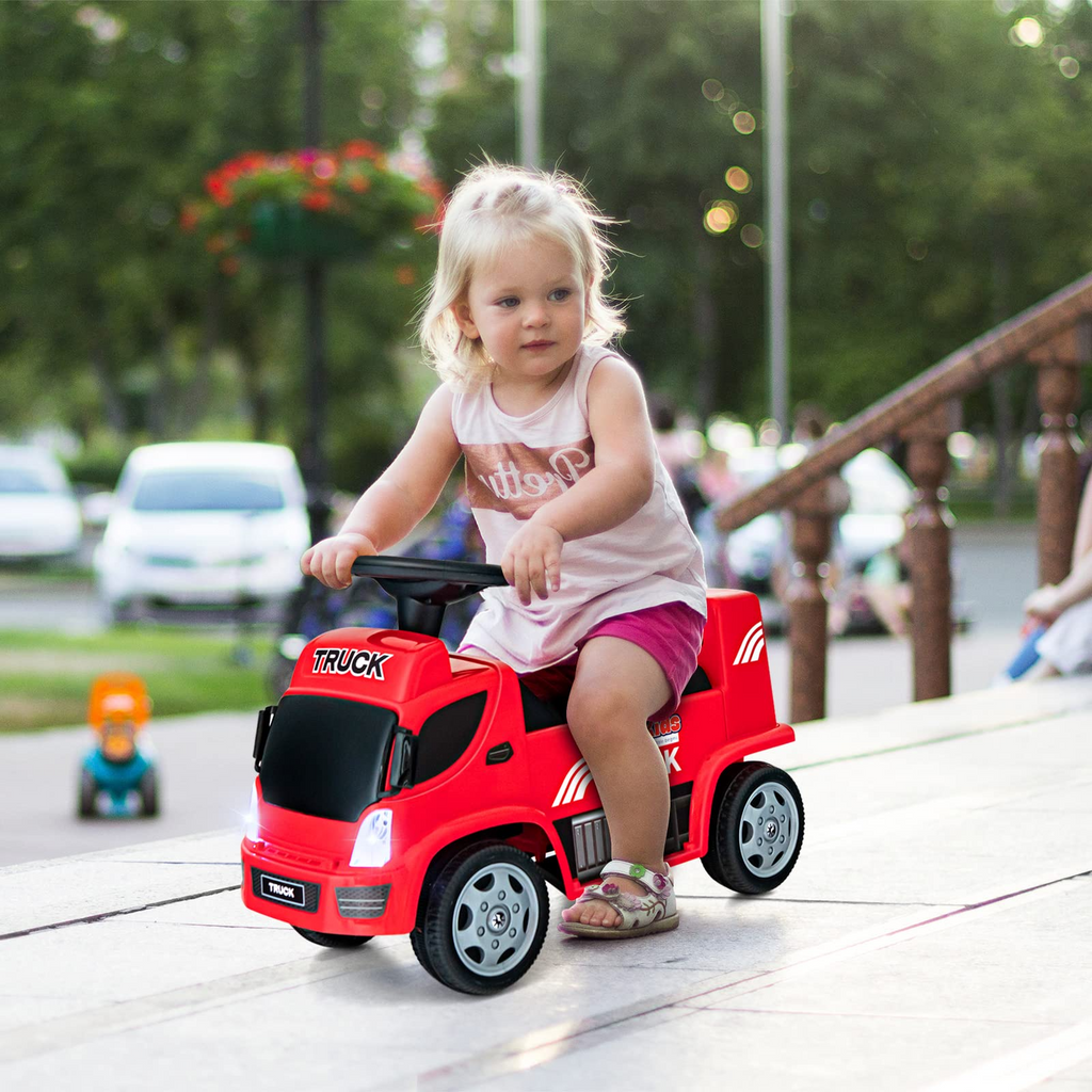 OLAKIDS Kids Ride On Push Car, 2 in 1 Foot-to-Floor Sliding Truck with Detachable Trailer, Steering Wheel, Headlights, Music, Alarm Sound, Toy Walker Gift for Toddlers Age 1.5-3 Boys Girls INFANS