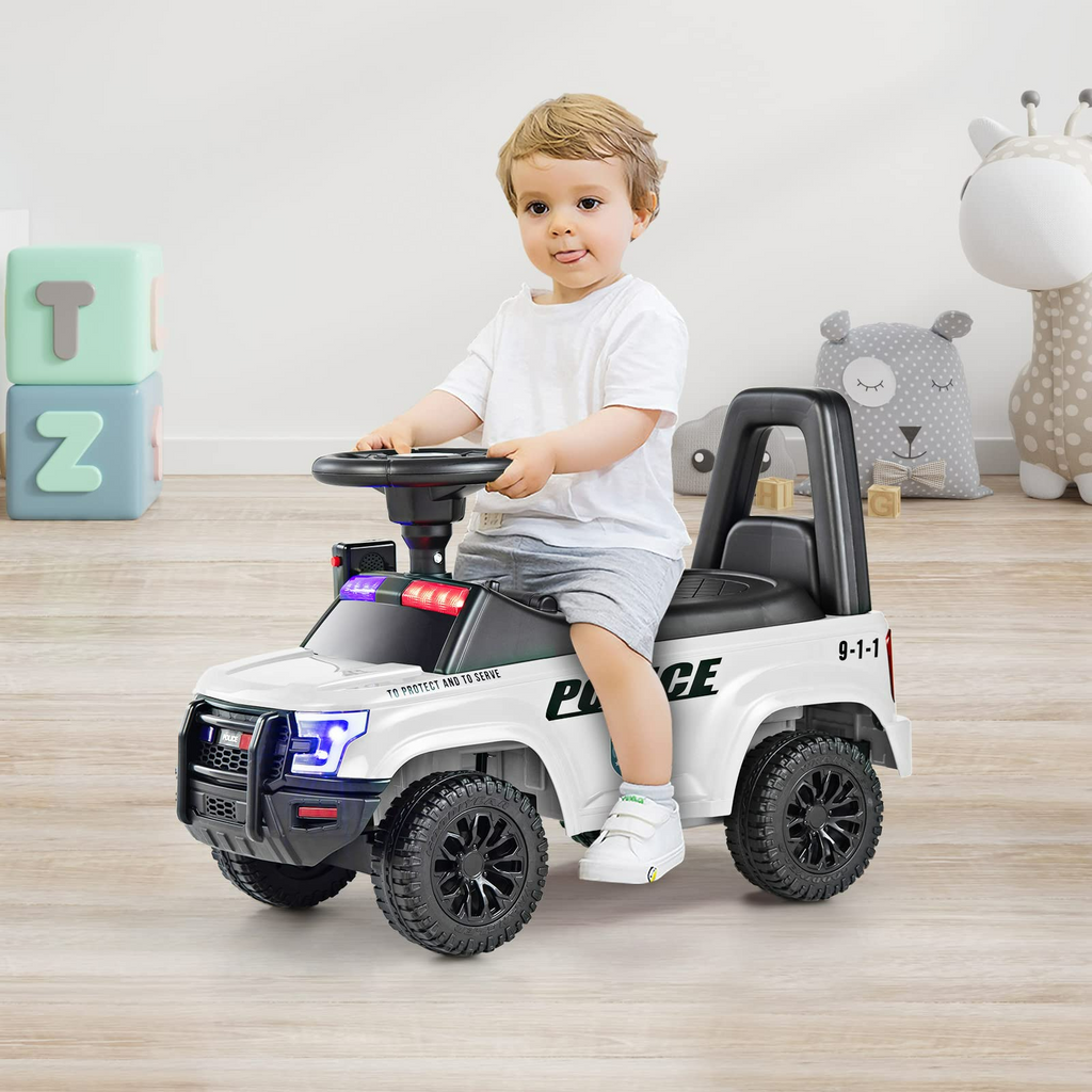 INFANS Ride On Push Police Car, Toddler Foot-to-Floor Sliding Toy with Siren, Steering Wheel, Megaphone, Horn, Headlights, Under Seat Storage INFANS