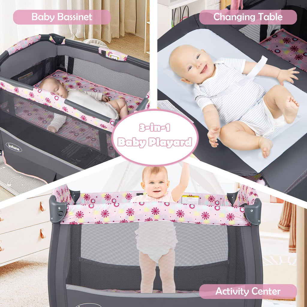 INFANS Baby Pack and Play, Portable Nursery Center with Bassinet Crib Mattress, Changing Table INFANS