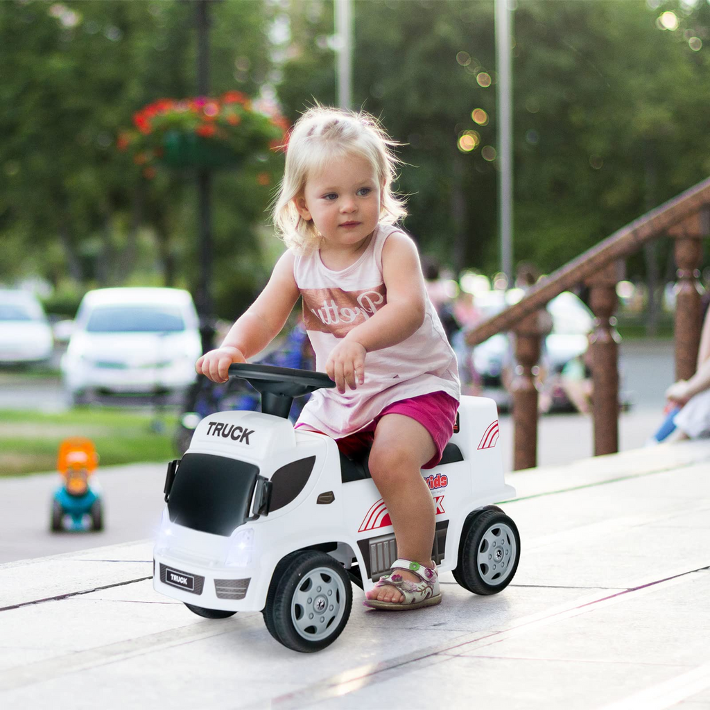 OLAKIDS Kids Ride On Push Car, 2 in 1 Foot-to-Floor Sliding Truck with Detachable Trailer, Steering Wheel, Headlights, Music, Alarm Sound, Toy Walker Gift for Toddlers Age 1.5-3 Boys Girls INFANS