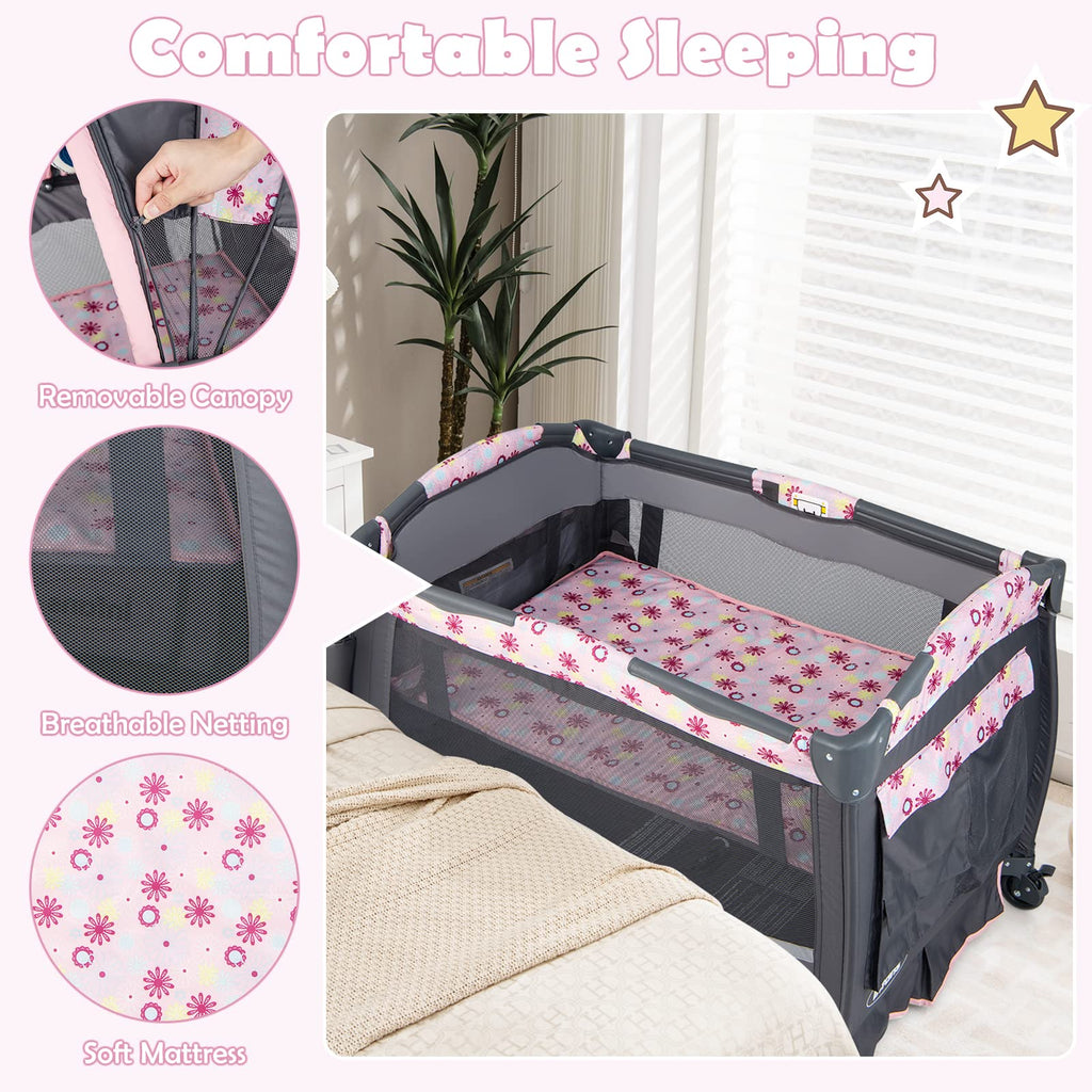 INFANS Baby Pack and Play, Portable Nursery Center with Bassinet Crib Mattress, Changing Table INFANS