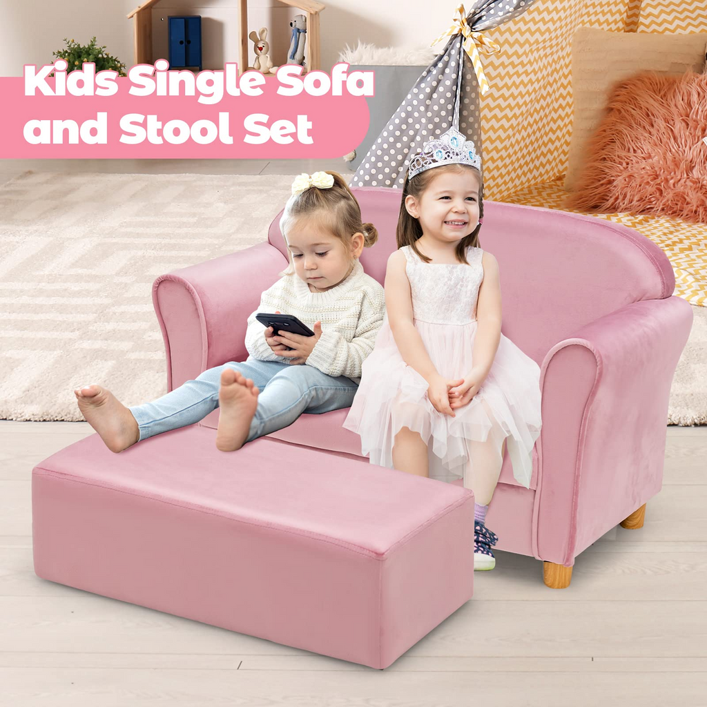 INFANS Kids Sofa with Footstool, 2 Seat Toddler Upholstered Couch, Children Armrest Chair Lounge for Bedroom Nursery Kindergarten Kids Room Boys Girls INFANS