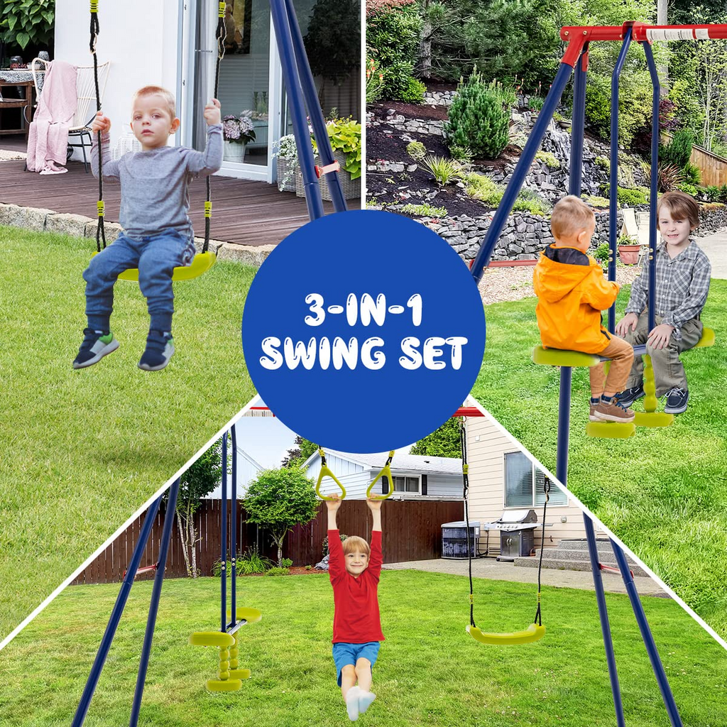OLAKIDS 440lbs Swing Set, Outdoor 3 in 1 A-Frame Heavy Duty Metal Stand for Kids and Adults, Backyard Playground Activity Playset with Swing Seat, Glider, Trapeze Rings for Toddlers INFANS