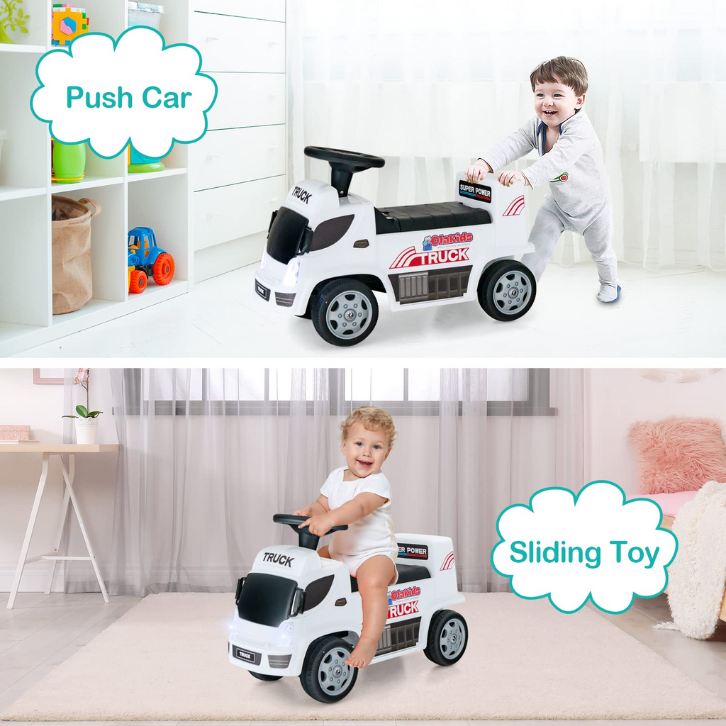 OLAKIDS Kids Ride On Push Car, 2 in 1 Foot-to-Floor Sliding Truck with Detachable Trailer, Steering Wheel, Headlights, Music, Alarm Sound, Toy Walker Gift for Toddlers Age 1.5-3 Boys Girls INFANS
