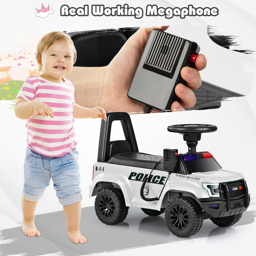 INFANS Ride On Push Police Car, Toddler Foot-to-Floor Sliding Toy with Siren, Steering Wheel, Megaphone, Horn, Headlights, Under Seat Storage INFANS