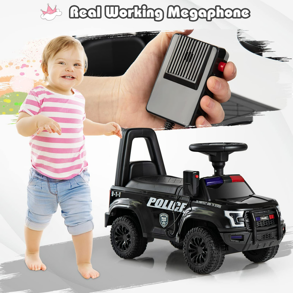 INFANS Ride On Push Police Car, Toddler Foot-to-Floor Sliding Toy with Siren, Steering Wheel, Megaphone, Horn, Headlights, Under Seat Storage INFANS