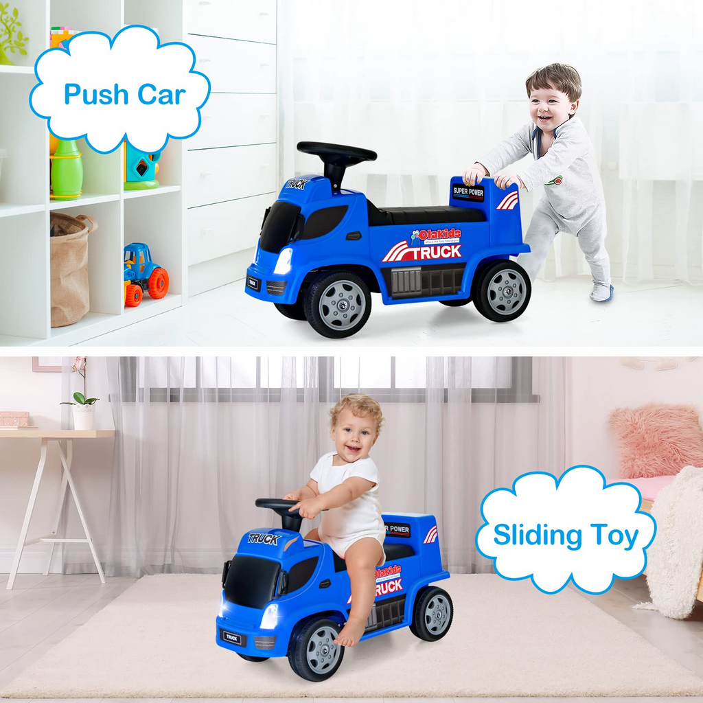 OLAKIDS Kids Ride On Push Car, 2 in 1 Foot-to-Floor Sliding Truck with Detachable Trailer, Steering Wheel, Headlights, Music, Alarm Sound, Toy Walker Gift for Toddlers Age 1.5-3 Boys Girls INFANS