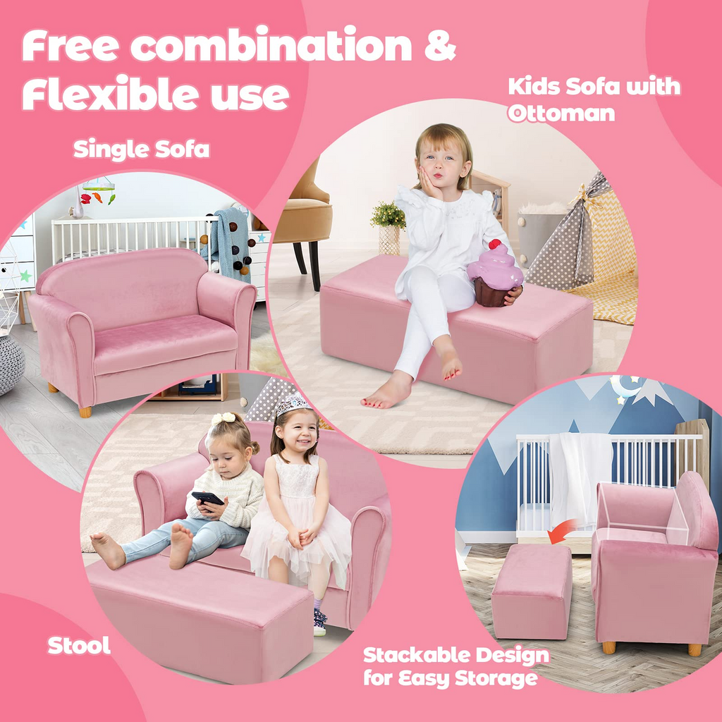 INFANS Kids Sofa with Footstool, 2 Seat Toddler Upholstered Couch, Children Armrest Chair Lounge for Bedroom Nursery Kindergarten Kids Room Boys Girls INFANS