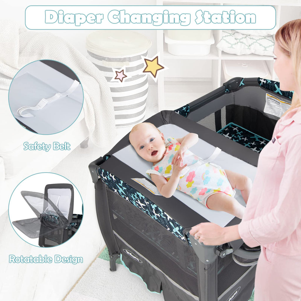 INFANS Baby Pack and Play, Portable Nursery Center with Bassinet Crib Mattress, Changing Table INFANS