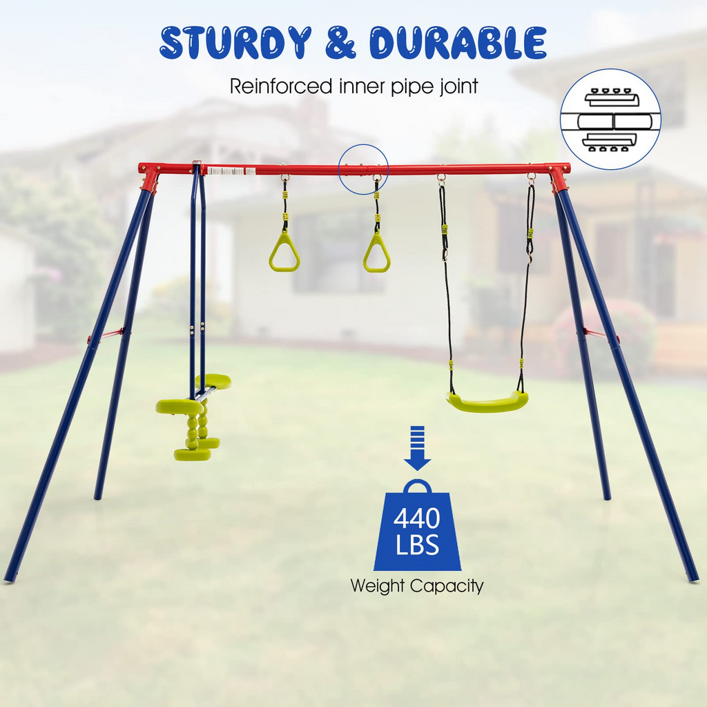 OLAKIDS 440lbs Swing Set, Outdoor 3 in 1 A-Frame Heavy Duty Metal Stand for Kids and Adults, Backyard Playground Activity Playset with Swing Seat, Glider, Trapeze Rings for Toddlers INFANS