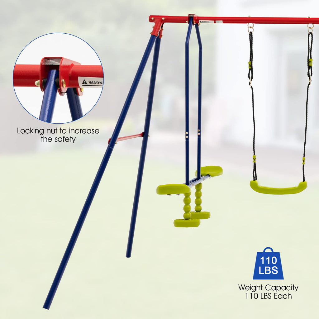 OLAKIDS 660lbs Swing Set, Outdoor A-Frame Heavy Duty Metal Swing Stand for Kids Adults, Backyard Playground Activity Playset with Slide, 2 Swings, Glider, Trapeze Rings, Monkey Bar, Basketball Hoop INFANS