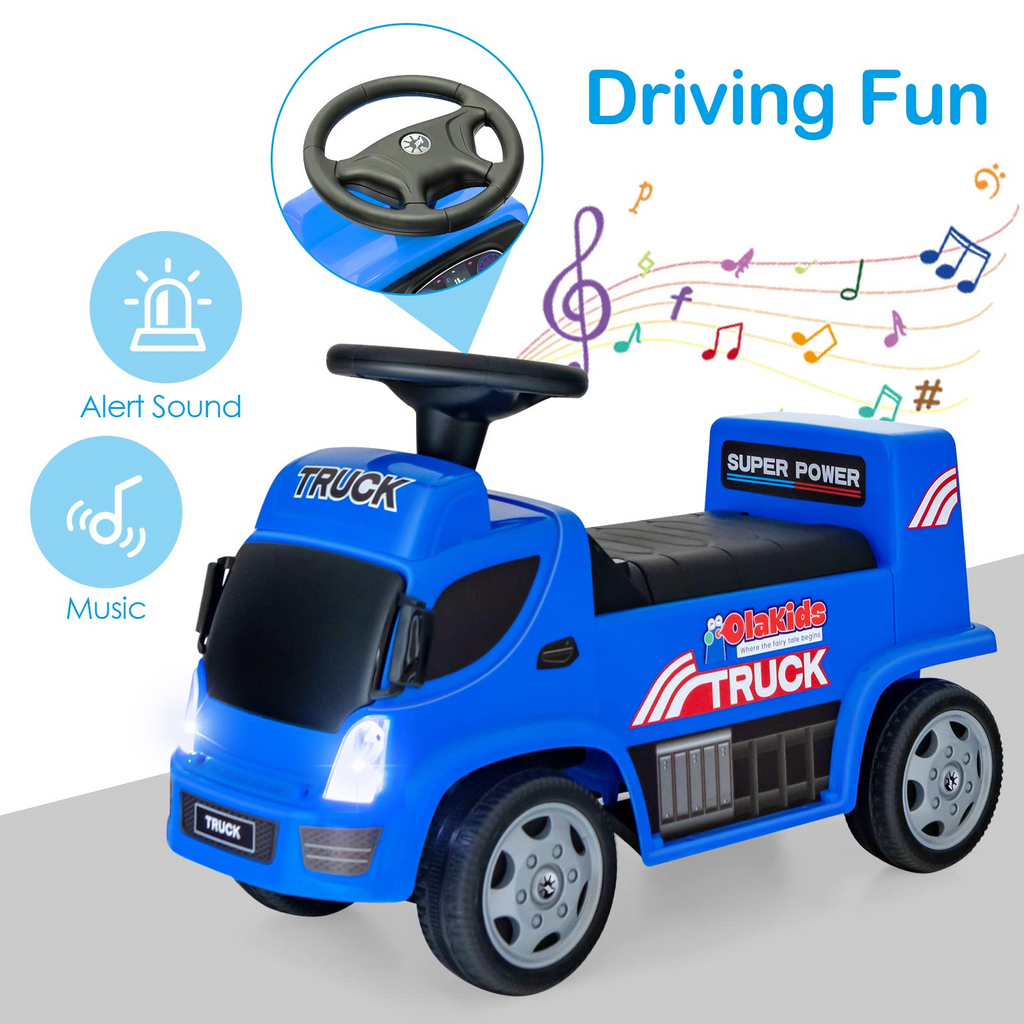 OLAKIDS Kids Ride On Push Car, 2 in 1 Foot-to-Floor Sliding Truck with Detachable Trailer, Steering Wheel, Headlights, Music, Alarm Sound, Toy Walker Gift for Toddlers Age 1.5-3 Boys Girls INFANS