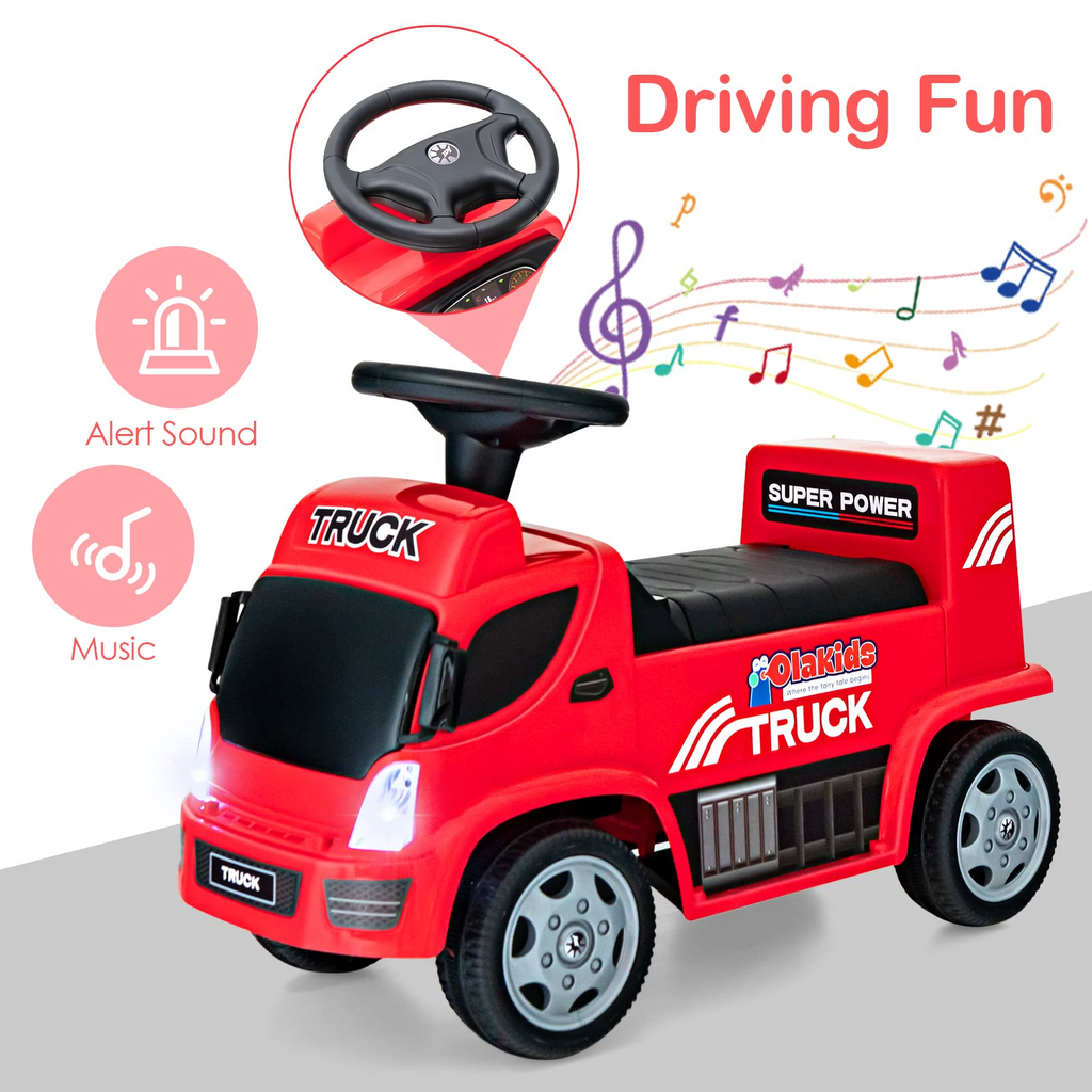 OLAKIDS Kids Ride On Push Car, 2 in 1 Foot-to-Floor Sliding Truck with Detachable Trailer, Steering Wheel, Headlights, Music, Alarm Sound, Toy Walker Gift for Toddlers Age 1.5-3 Boys Girls INFANS