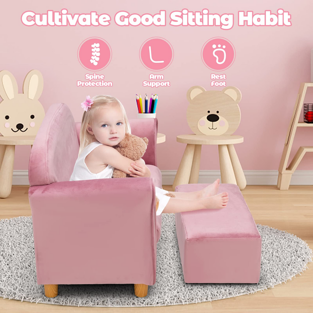 INFANS Kids Sofa with Footstool, 2 Seat Toddler Upholstered Couch, Children Armrest Chair Lounge for Bedroom Nursery Kindergarten Kids Room Boys Girls INFANS