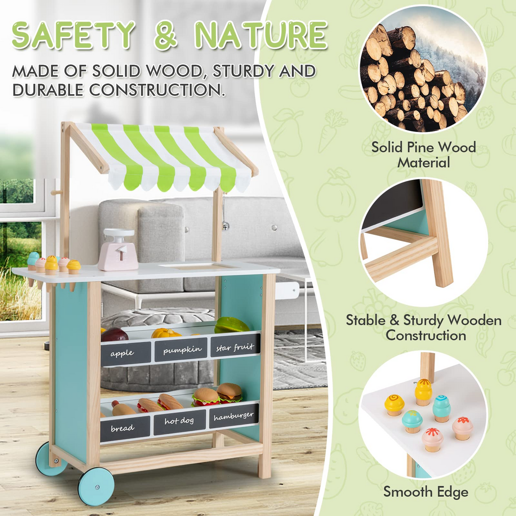 INFANS Wooden Grocery Store Marketplace Toy, Colorful Supermarket Pretend Play, Extra Storage 6 Ice Creams Scales Bells Chalkboards INFANS