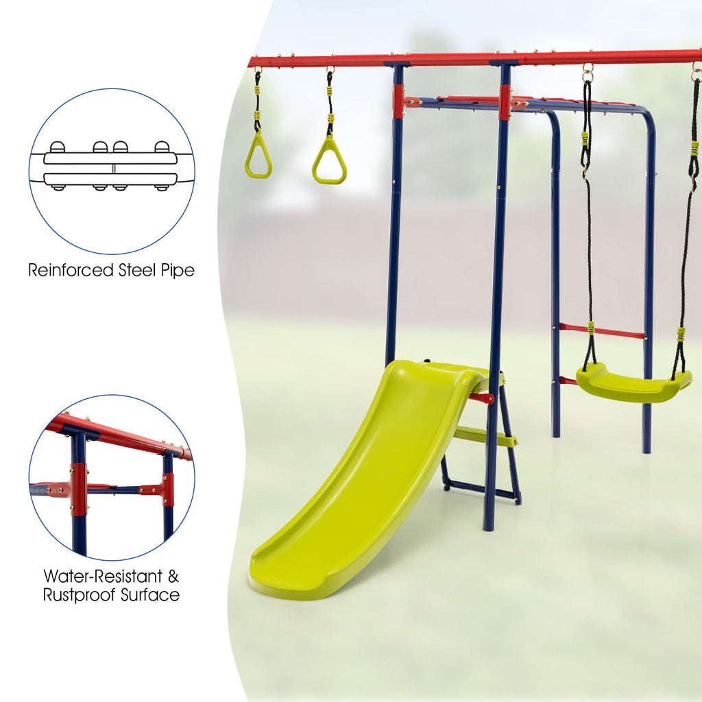 OLAKIDS 660lbs Swing Set, Outdoor A-Frame Heavy Duty Metal Swing Stand for Kids Adults, Backyard Playground Activity Playset with Slide, 2 Swings, Glider, Trapeze Rings, Monkey Bar, Basketball Hoop INFANS